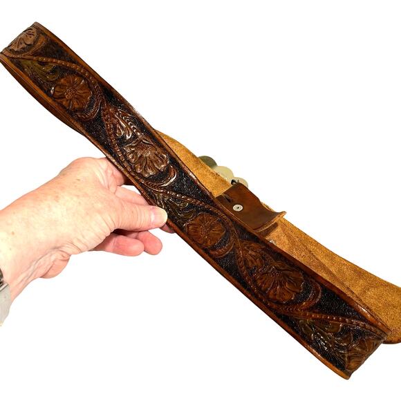 Vintage Montana Silversmiths Statement Buckle & Hand Tooled Brown Leather Belt - Picture 6 of 12